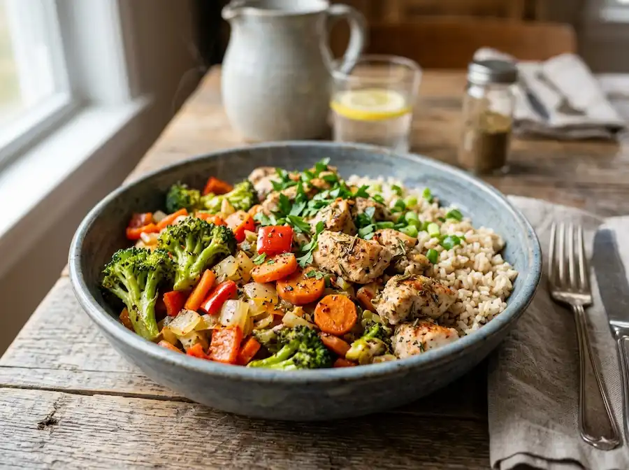 Healthy chicken, rice, and vegetables dinner