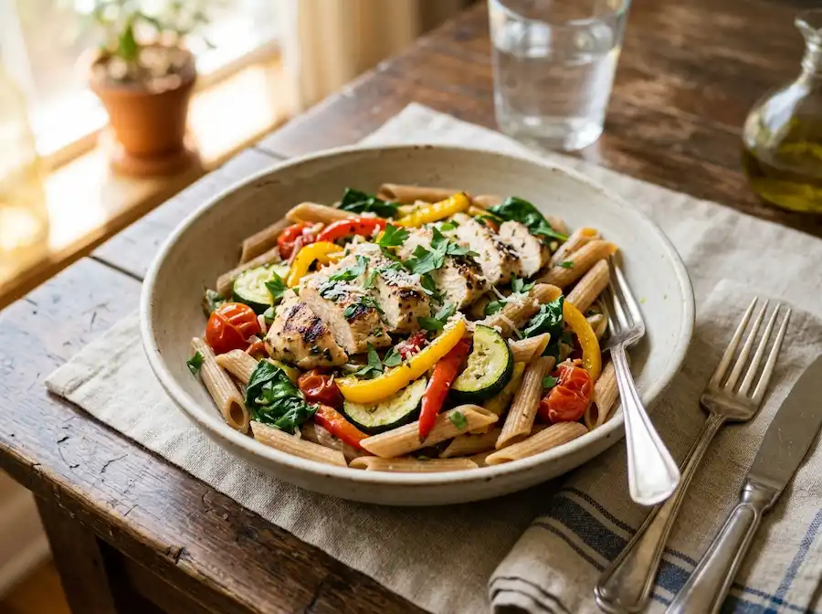 Healthy pasta with vegetables and chicken