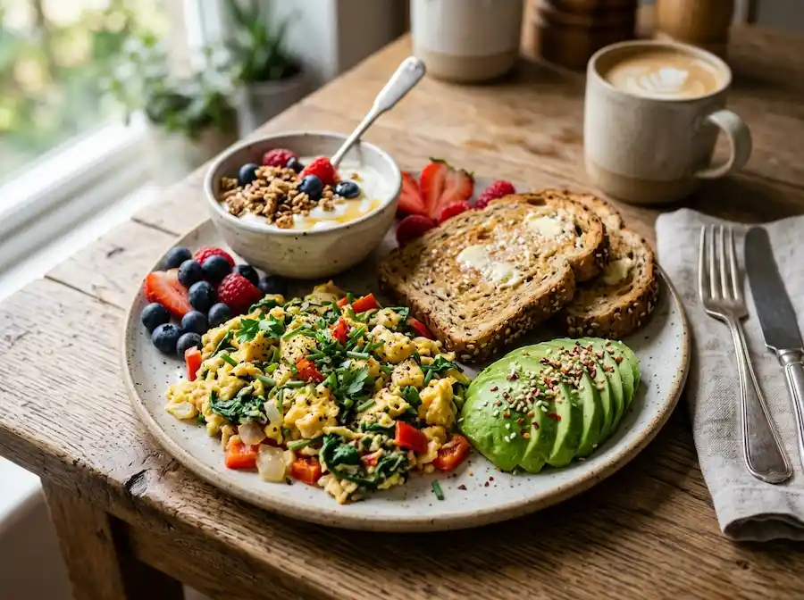 Healthy scrambled eggs breakfast plate