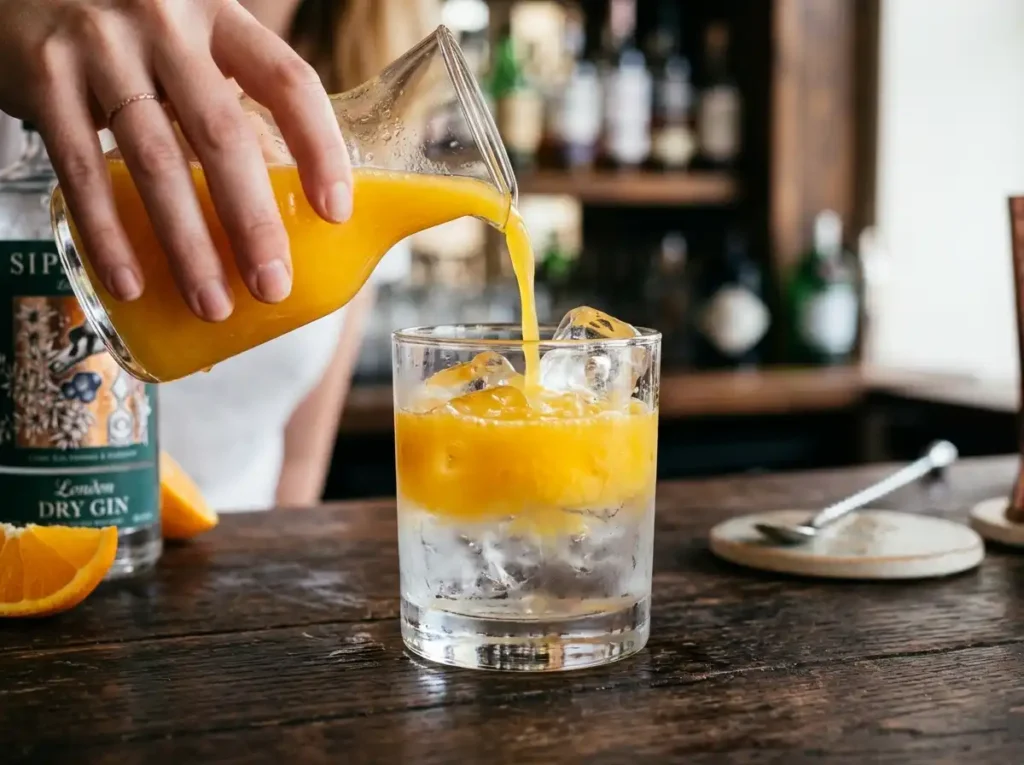 Adding orange juice to gin over ice