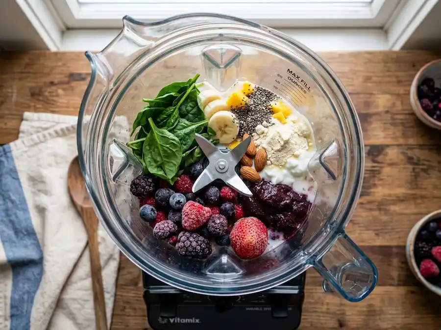 Blender filled with frozen fruit, yogurt, and chia mixture