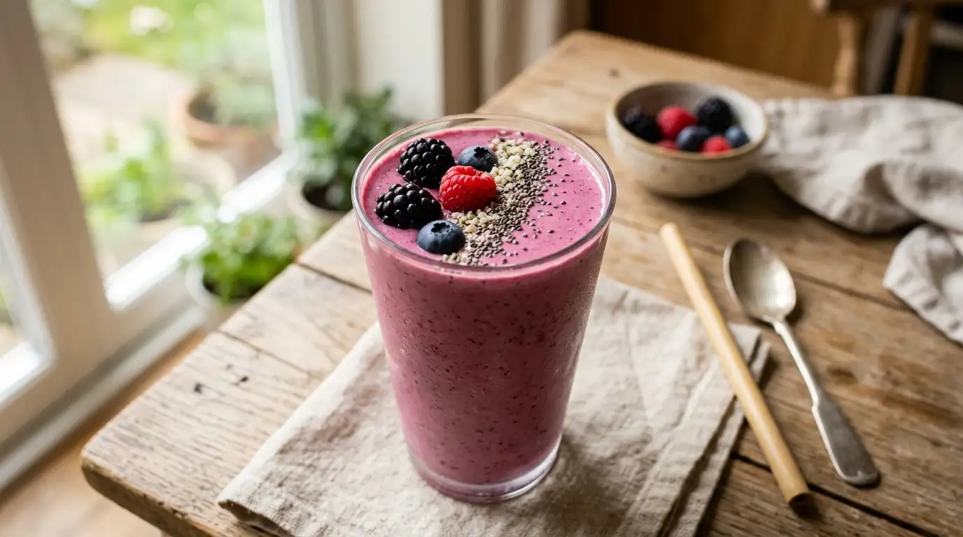 Chia seeds in fruit smoothie in a tall glass with berries.