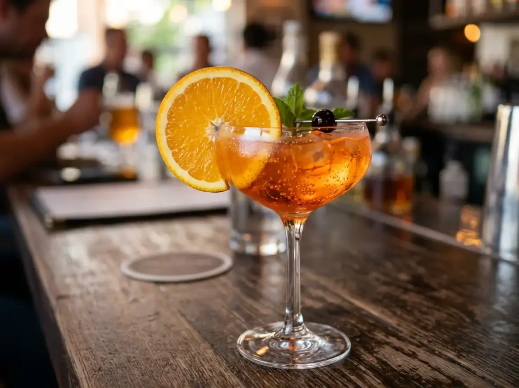 Finished gin and juice drink garnished with orange slice