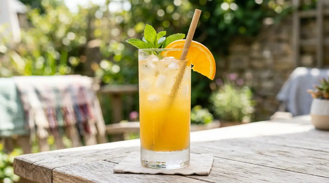 Gin and juice drink in a tall glass with ice and orange slice