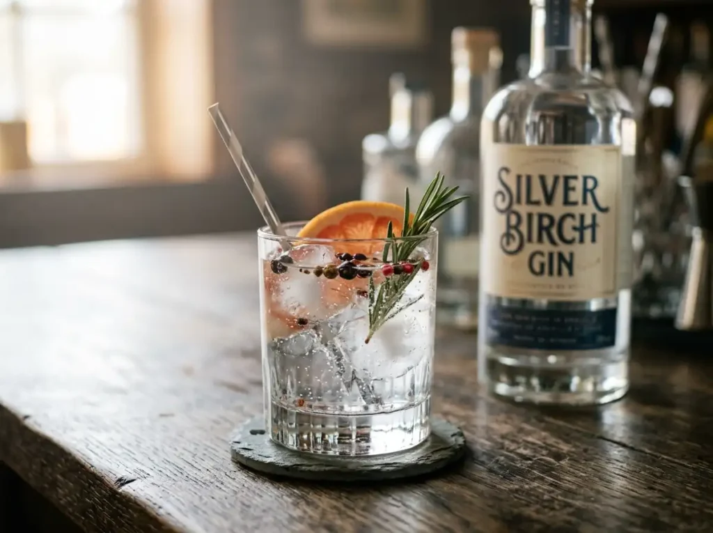 Gin and juice drink recipe served in a glass with ice and garnish