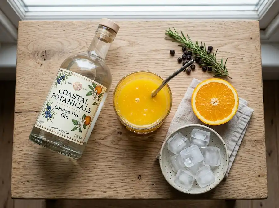 Ingredients for a gin and juice drink including gin, orange juice, and ice