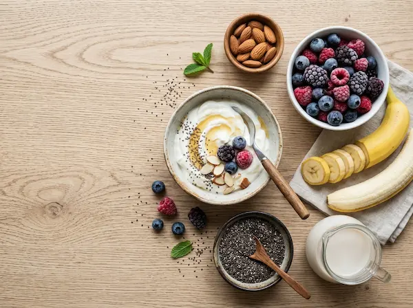 Ingredients for chia seeds in fruit smoothie laid out on a counter.
