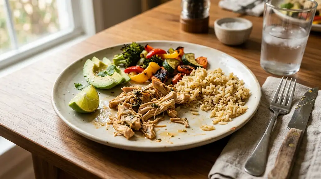Shredded chicken served in a dinner bowl with rice and vegetables