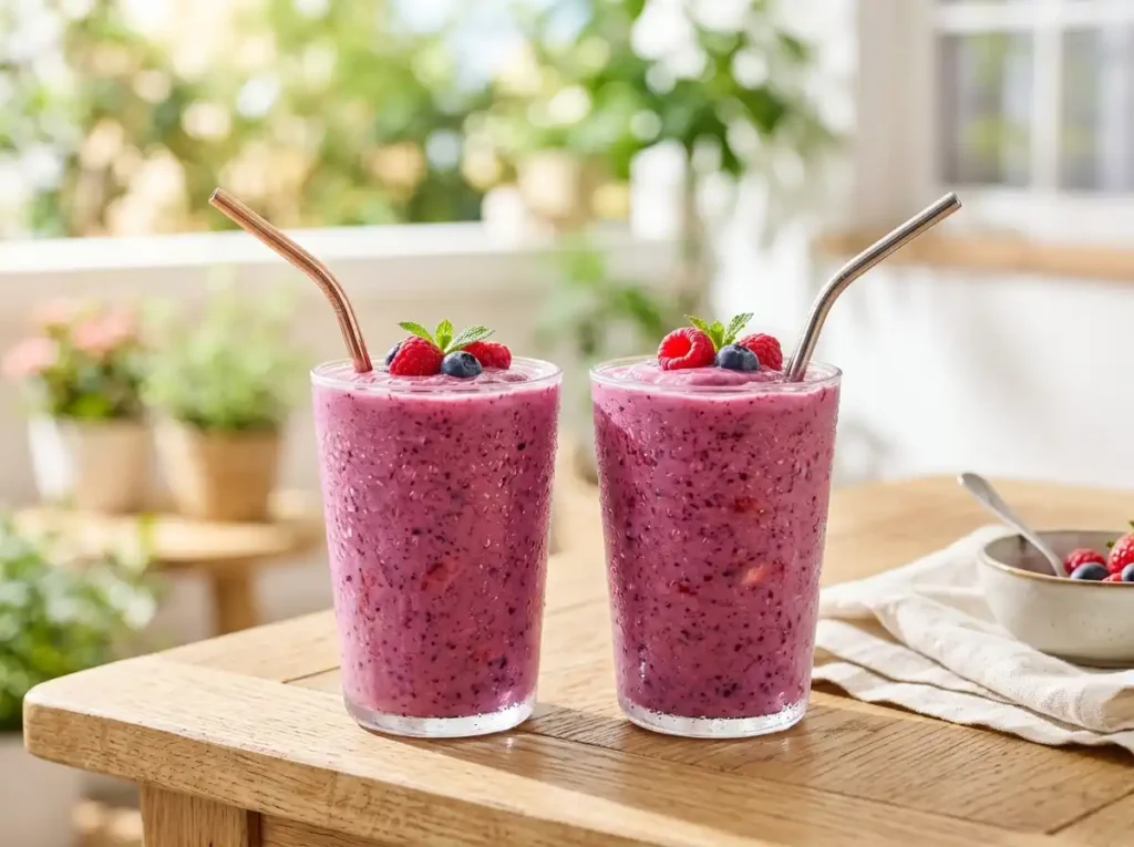 Two glasses of chia seeds in fruit smoothie ready to serve.